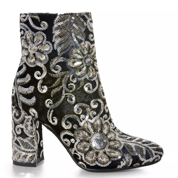 Elegant Velvet Black and Silver/Gold Embroidered Ankle Boots - Picture 2 of 7